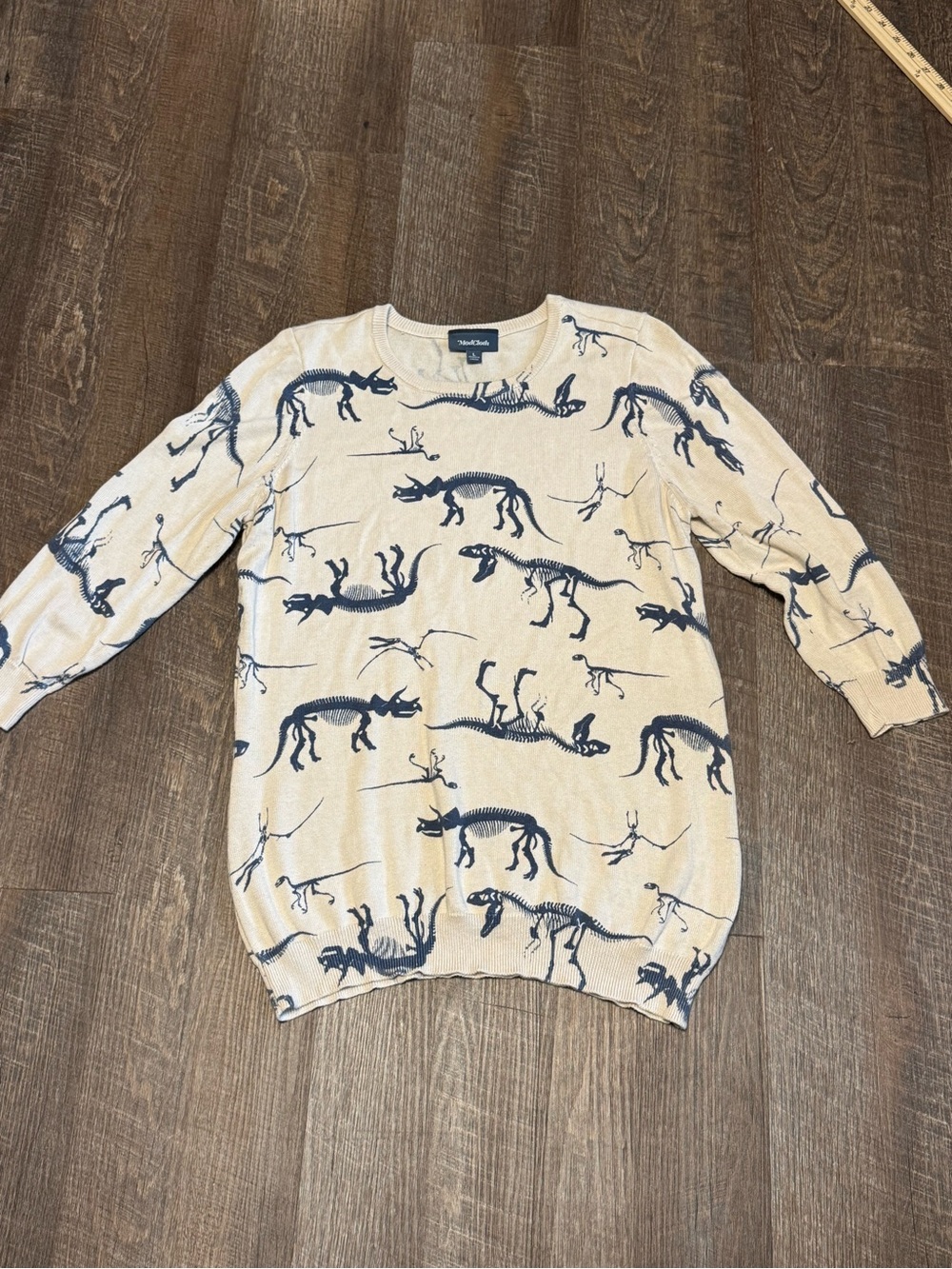 Lrg ModCloth 3/4 Sleeve Cream & Grey/Bluish Dinosaur Sweater - Picture 2 of 10